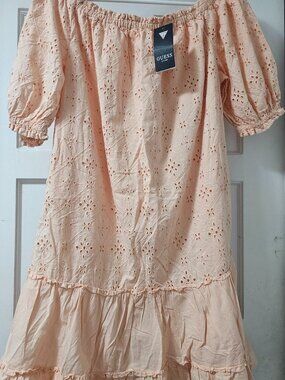 The GUESS Off Shoulder Eyelet Peach Ruffle Short Dress in size M